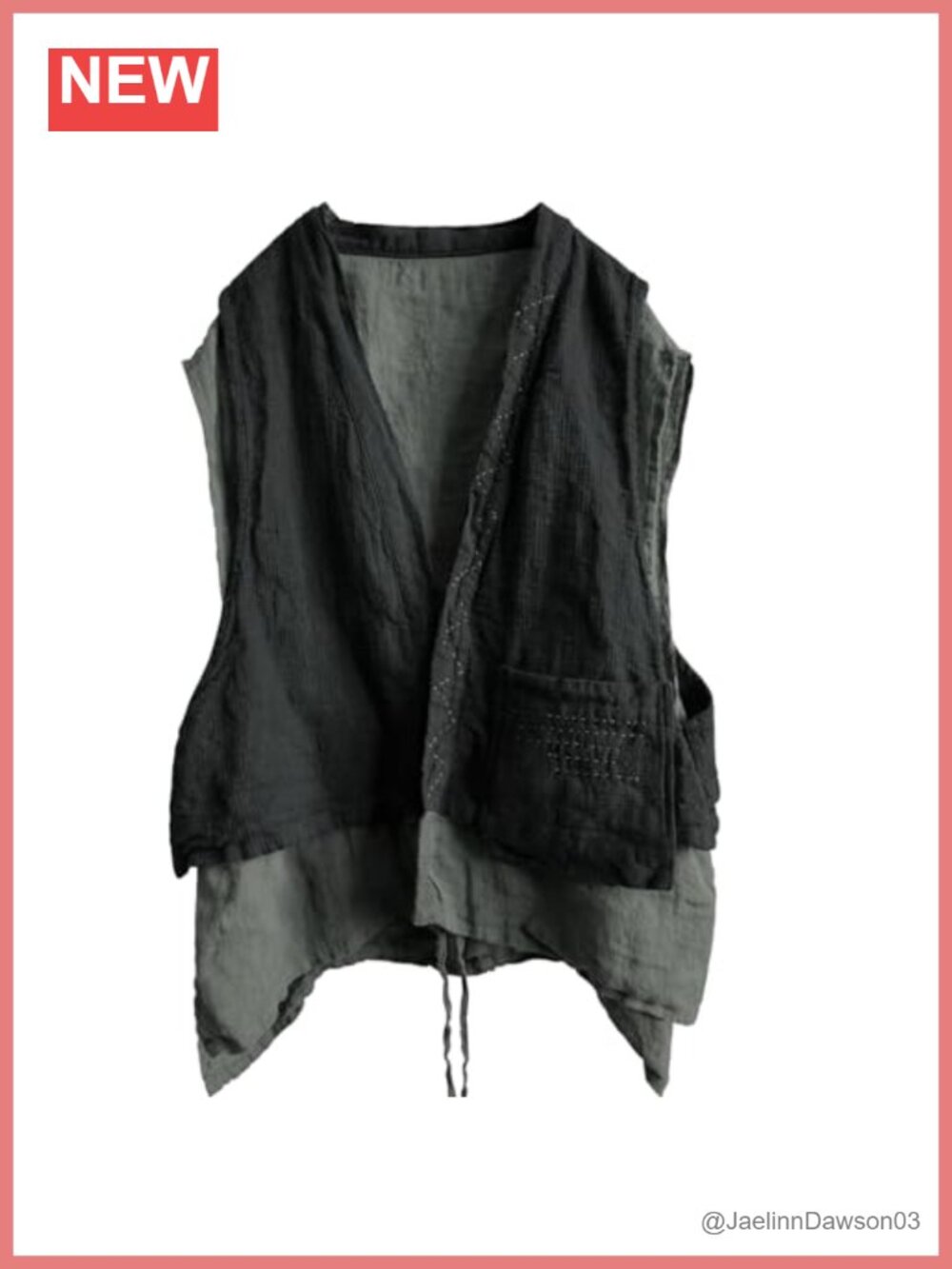 Linen Double-Layer Sleeveless Kimono Cardigan Open Front Vest with Pockets